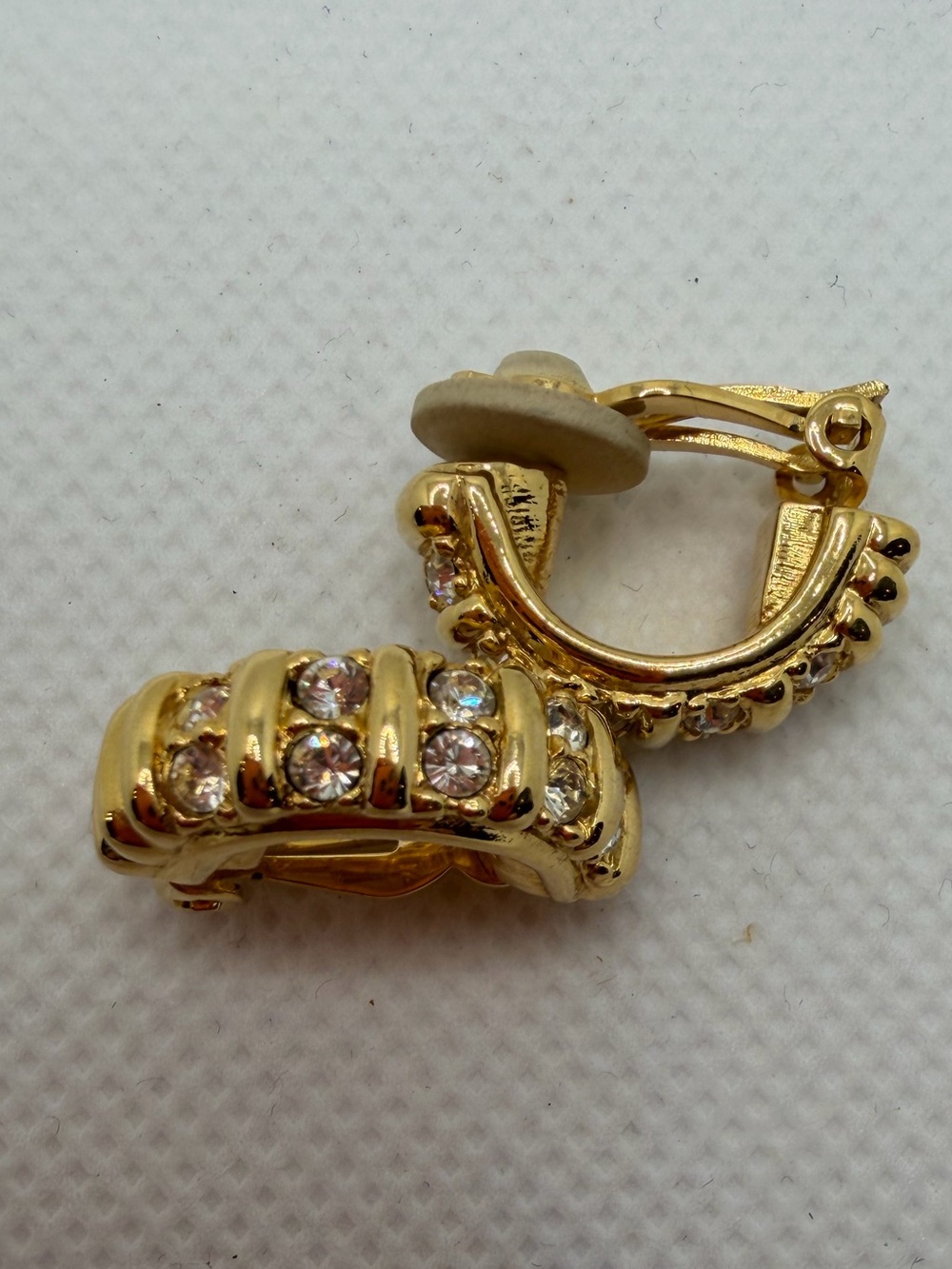 Swarovski Huggie Hoop Clip On Earrings Gold Tone Clear Crystal Signed